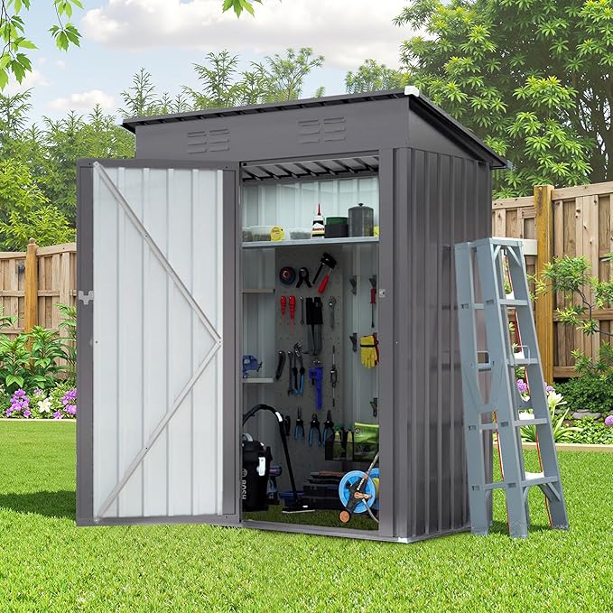 5X3 FT Outdoor Metal Storage Shed, Tool Shed with Pitched Roof and Lockable Door, Compact Garden Shed for Backyard Garden Patio Lawn, Gray