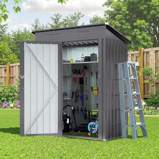 5X3 FT Outdoor Metal Storage Shed, Tool Shed with Pitched Roof and Lockable Door, Compact Garden Shed for Backyard Garden Patio Lawn, Gray