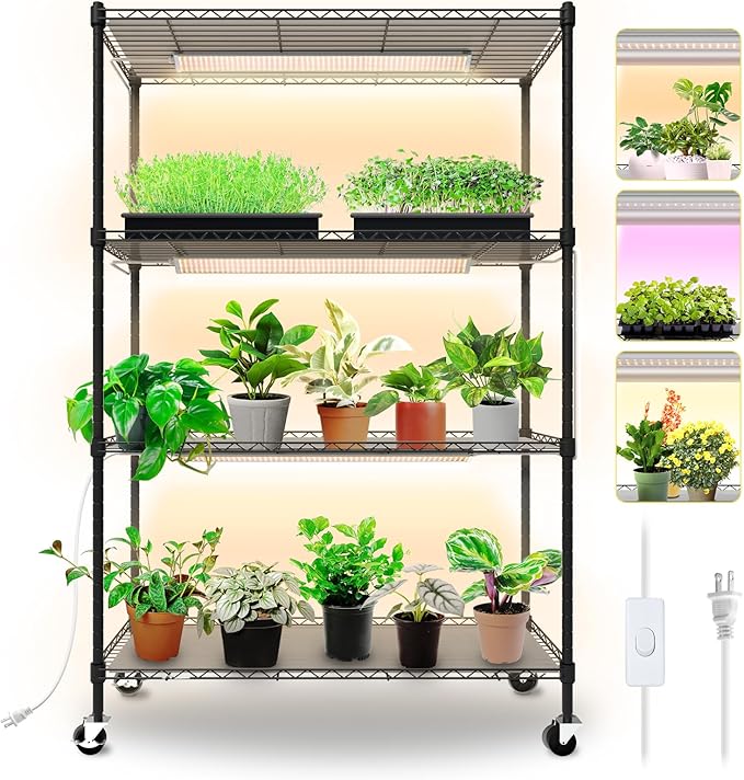 Plant Shelf with Grow Lights, 4-Tier Grow Light Shelf with 30W T5 Full Spectrum Grow Lights, Plant Stand with Grow Light for Indoor Plants, Seed Starting, Seedlings(35.4" L x 13.8" W x 59" H)