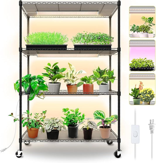 Plant Shelf with Grow Lights, 4-Tier Grow Light Shelf with 30W T5 Full Spectrum Grow Lights, Plant Stand with Grow Light for Indoor Plants, Seed Starting, Seedlings(35.4" L x 13.8" W x 59" H)