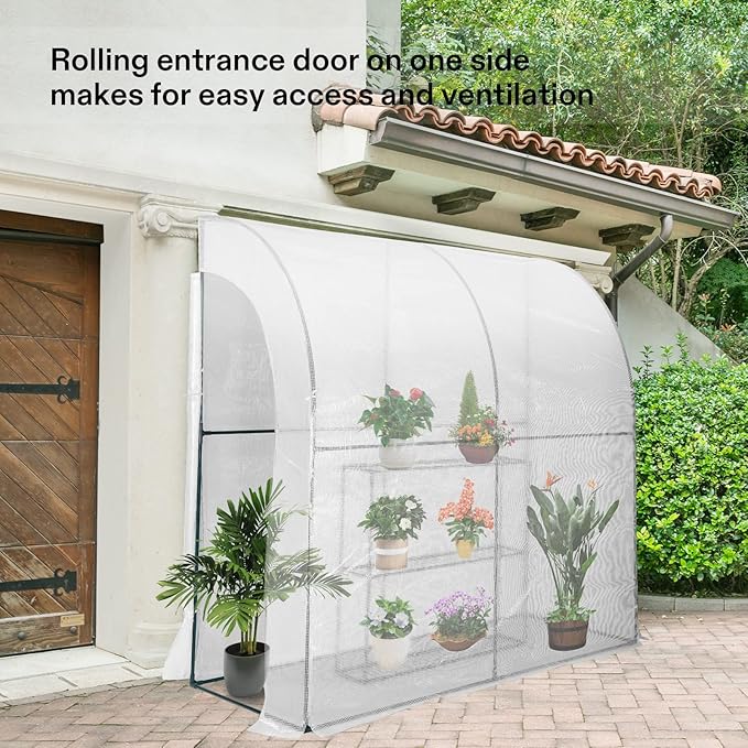 VIVOSUN Mini Lean-to Greenhouse, 6.6’ x 3.3’ x 6.9’ Portable Wall House with White PE Cover and Shelf for Compact Garden 79x39x83-Inch