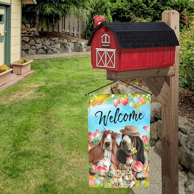 Happy Easter Basset Hound Dog Flowers Eggs Bunny Garden Flag Welcome Party Outdoor Outside Decorations Picks Home House Garden Yard Decor 12x18 Inch