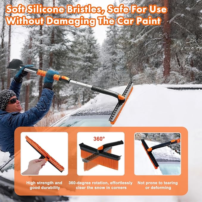 Eazy2hD 3 in 1 Silicone Snow Brush with Ice Scrapers, 39.37" Extendable Window Ice Removal with Squeegee for Windshield, 360° Pivoting Brush Head Cleaner Tool for Car, Truck, SUV