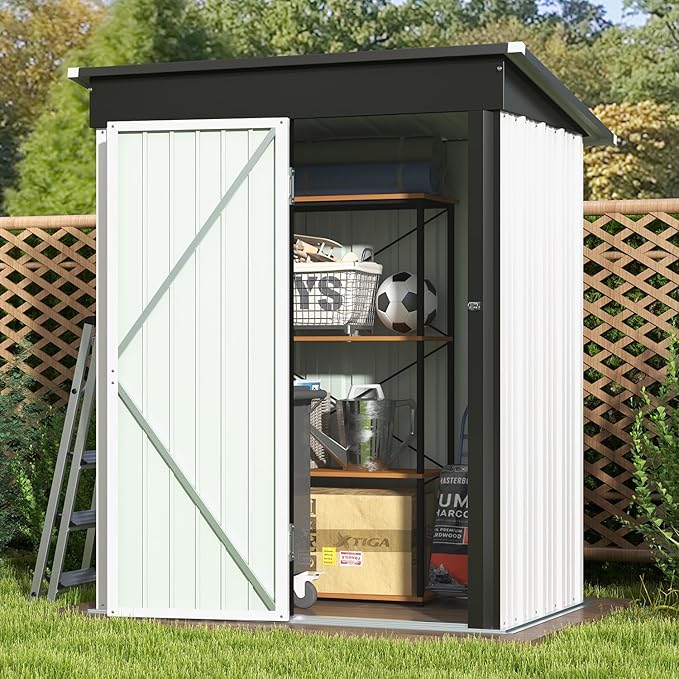 Patiowell 5x3 FT Outdoor Storage Shed, Garden Tool Shed with Sloping Roof and Lockable Door, Metal Shed for Backyard Garden Patio Lawn, White