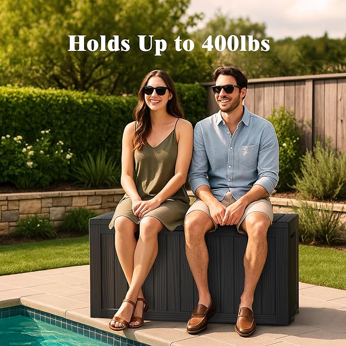 72 Gallon Outdoor Storage Box, Waterproof Deck Box with Handles and Lockable Lid, Resin Patio Storage Box with Hydraulic Rods for Garden Tools, Cushions, Black