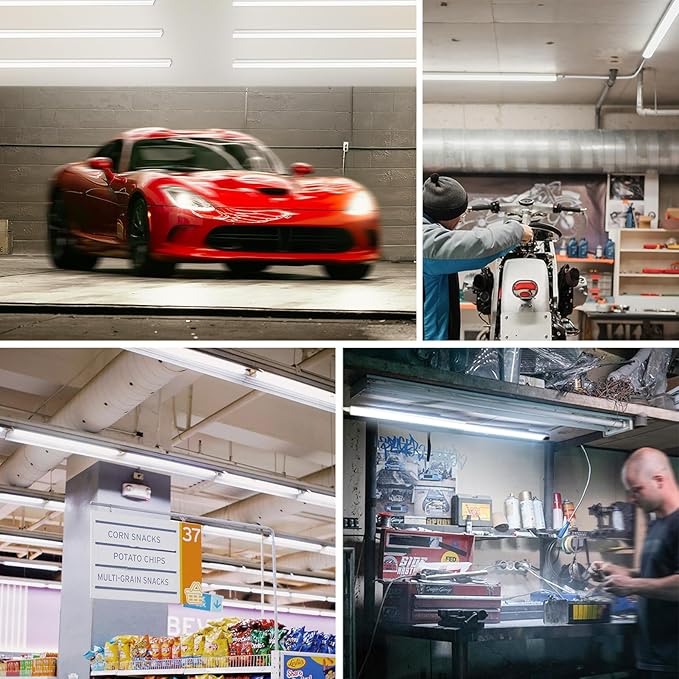 Pak 4FT LED Shop Lights, 2300LM 6500K Cool White, 20W Energy Efficient Linkable Ceiling and Under Cabinet Lighting, T5 Integrated Utility Fixture for Garage, Workshop, Basement, FCC Certified, 4 Pack