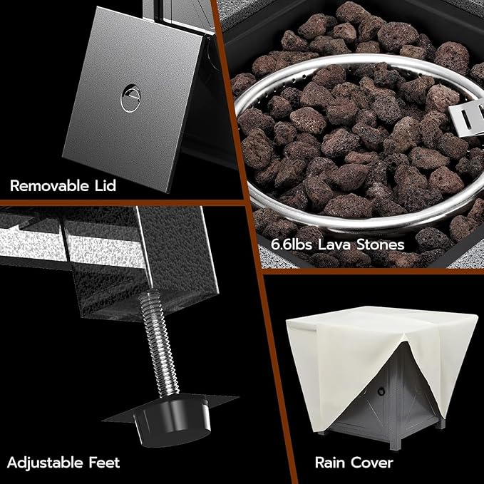 ZAFRO 28 Inch Propane Fire Pit Table for Outside,50,000 BTU Gas Fire Pit Table with Removable Lid,Rain Cover, Rectangle Gas Firepit Table for Garden/Patio