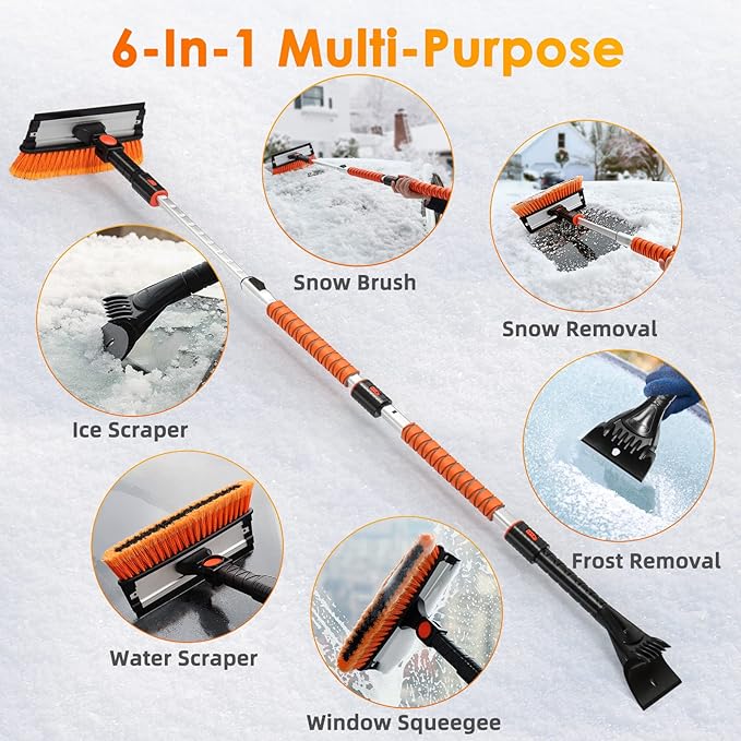AstroAI 62.4" Ice Scrapers for Car Windshield, 3 in 1 Sturdy Snow Brush with Squeegee, 10 Adjustable Length Settings, Extendable Aluminum Handle, 180° Pivoting Snow Brush for Car, Truck, SUV(Orange)