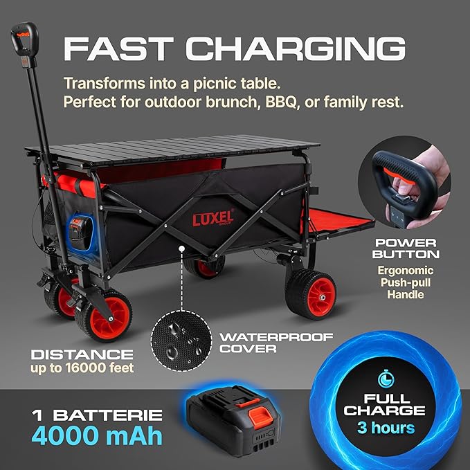 Electric Foldable Collapsible Wagon Cart Power 100W - Heavy Duty Wagons with All Terrain Wheels - with Folding Table - Beach Canvas Utility Carts, Portable for Outdoor Camping Shopping Fishing Sports
