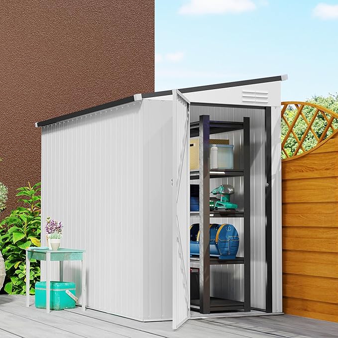 Outsunny 4' x 8' Metal Outdoor Storage Shed, Lean to Storage Shed, Garden Tool Storage House with Lockable Door and 2 Air Vents for Backyard, Patio, Lawn, White
