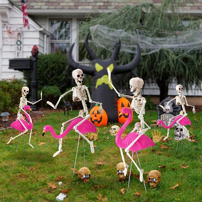 8 Pcs Halloween Skeleton Flamingo Decoration Outdoor Yard Ornament 15.7" Plastic Skeleton Decor with Posable Legs Flamingo Statue Decor for Yard Garden Lawn(Pink,M,Classic)