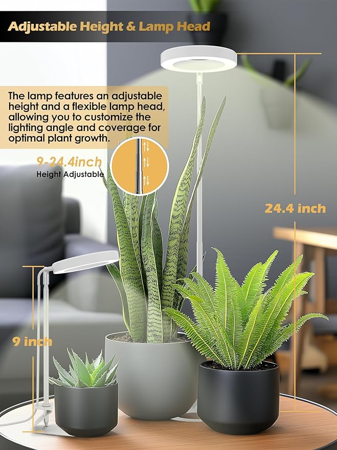 GLOWRIUM Grow Light for Indoor Plants, 12W Full Spectrum Plant Lights with Timer, Height Adjustable&10 Dimmable Brightness, Mini Halo Grow Lights for Small Plant (2025-white, 12w)