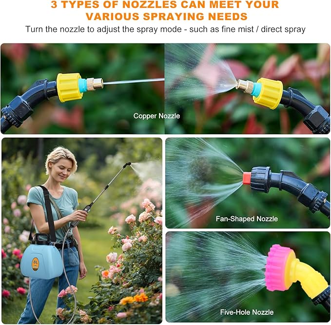 Battery Backpack Sprayer 2.1 Gallon, Rechargeable Sprayer with 3 Adjustable Nozzles, 1.5-3H Runtime, Adjustable Wand Leak-Proof & Chemical-Resistant Tank for Lawn, Garden & Farm Use (Blue)