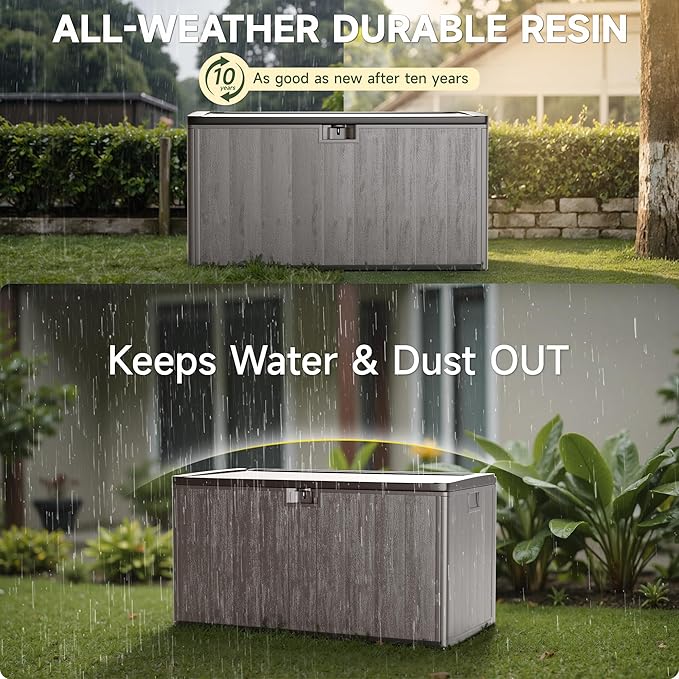 120 Gallon Deck Box, Double Layer Waterproof Resin Outdoor Indoor Storage Box, Lockable & UV Resistant Storage Bin for Patio Furniture, Garden Tools, Pool Accessories (Brown)