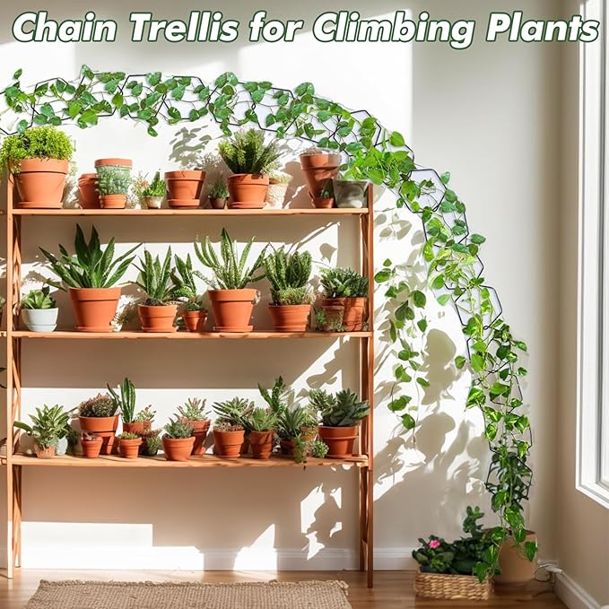 15 Ft Chain Trellis for Climbing Plants Indoor, 36 Packs Hexagon DIY Wall Trellis, Pothos Plant Climber Support, DIY Lengths Plant Support Stakes with Connect-Hooks, Ties, Hooks, Black