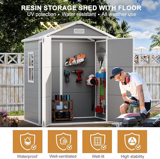 Outdoor Resin Storage Shed 6x3 FT Waterproof Sheds Kit with Floor Window Lockable Door Included, Outside Plastic Sheds for Backyard Garden Patio Lawn Tools
