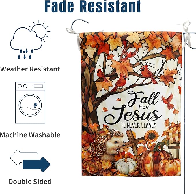 Fall for Jesus Garden Flag He Never Leaves Autumn Pumpkin Banner Stained Glass Cardinal Yard Signs Outside Halloween Thanksgiving Religious Outdoor Decor 12x18 Double Sided Small