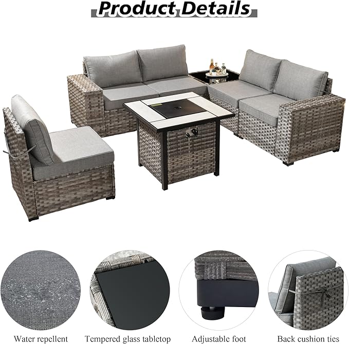 HOOOWOOO Modular Patio Outdoor Sectional Furniture Set with Gas Propane Fire Pit Table,7 Piece Wicker Conversation Sofa Set,Out Door Couch Set with Wide Arm Outside(Dark Grey)