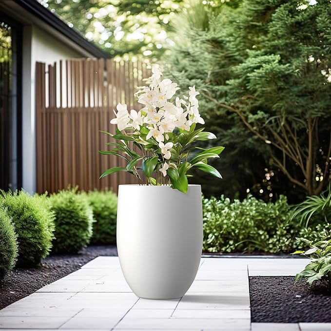 Kante 21.7" H Pure White Concrete Tall Planter, Large Outdoor Indoor Decorative Pot with Drainage Hole and Rubber Plug, Modern Round Style for Home and Patio