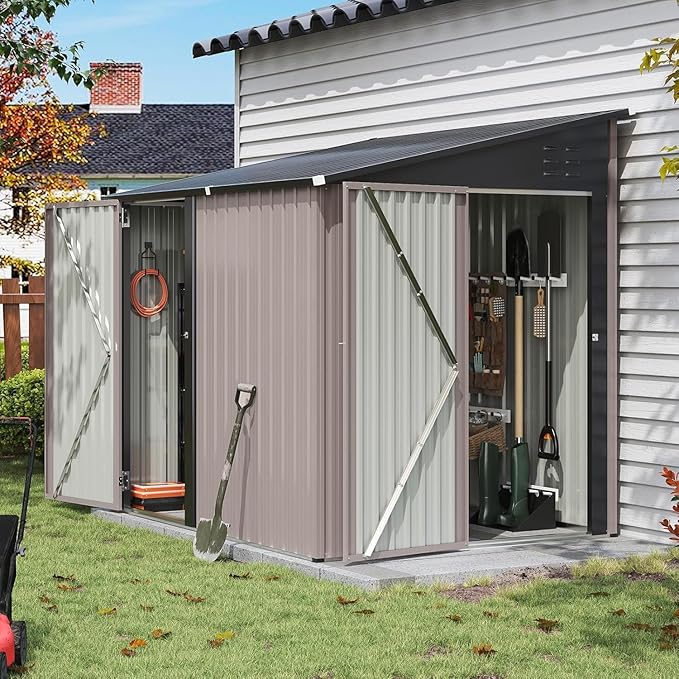 Aoxun 7x5 FT Lean to Shed Garden Metal Storage Shed with Lockable Doors Outdoor Bike Shed for Backyard, Patio, Poolside (Brown)