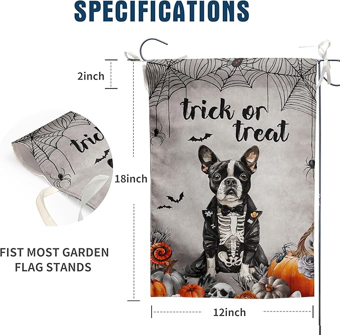 Halloween Boston Terrier Garden Flag Trick or Treat Yard Flag Ghost Dog Garden Flags for Outside 12x18 Double Sided Mini Skeleton Halloween Decor Outdoor Lawn Welcome Flag
