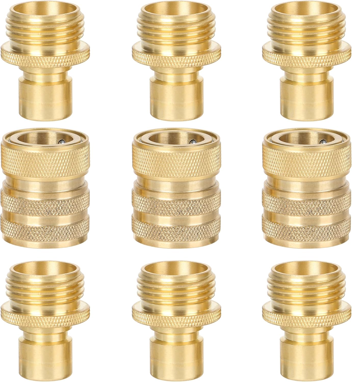 STYDDI Brass Garden Hose Quick Connect Fittings with Water Stop, Solid Brass Hose Quick-Connect Fittings with Auto Shut-off, 3/4 Inch GHT Thread Garden Hose Quick Connector Adapters, 3 Female + 6 Male