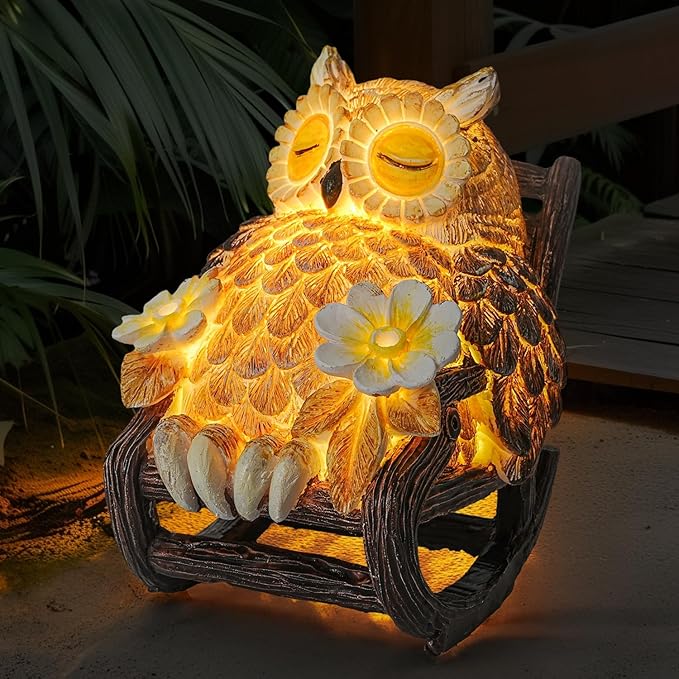Solar-Powered Owl Statue on Chair, Cute LED Owl Figure for Home, Fireplace, Outdoor, 3x3x4 in