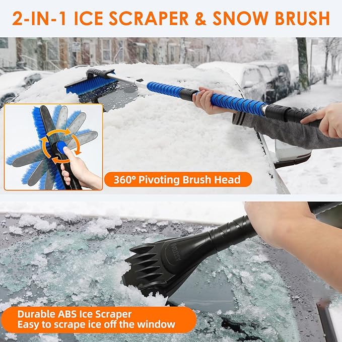 AstroAI 62.4" Ice Scrapers for Car Windshield and Extendable Snow Scraper with Foam Grip and 360° Pivoting Brush Head for Christmas Car Auto Truck SUV(Blue)