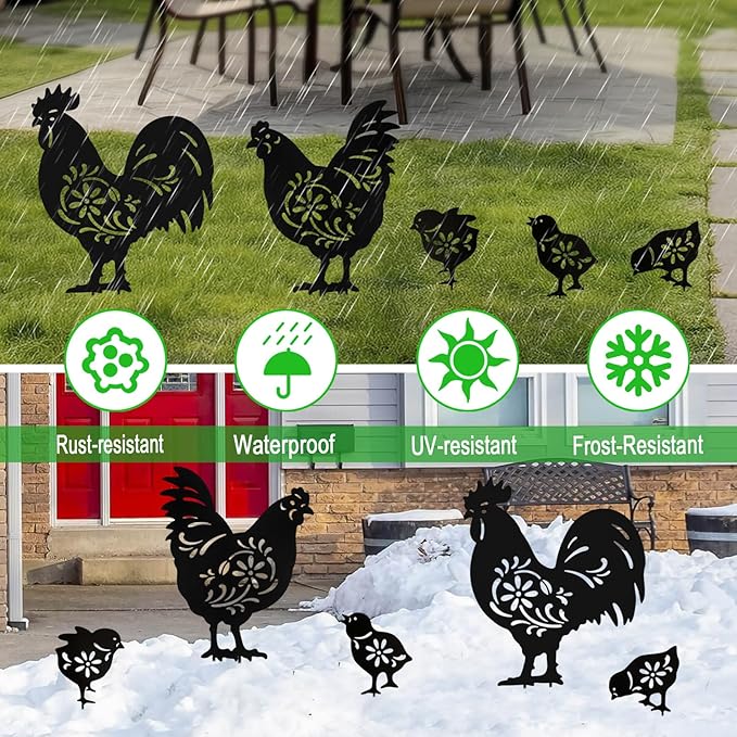 Metal Chicken Garden Decor Outdoor,5 Pack Rooster,Hen,Chicks Yard Art,Garden Statues for Outside (Chicken Black)