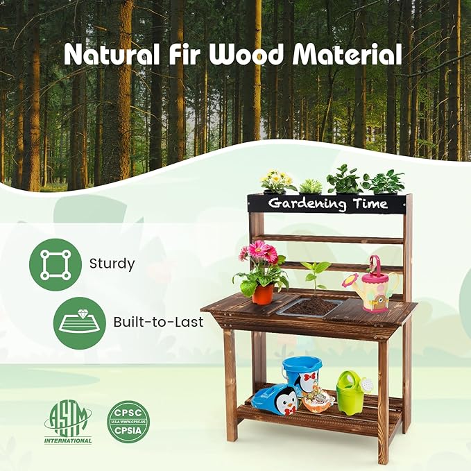 HONEY JOY Mud Kitchen, Fir Wood Kids Potting Bench Table, Removable Sink, 4 Planting Cups, Chalkboard, Outdoor Play Kitchen for Toddlers, Garden Time Mud Kitchen for Kids Outdoor Backyard