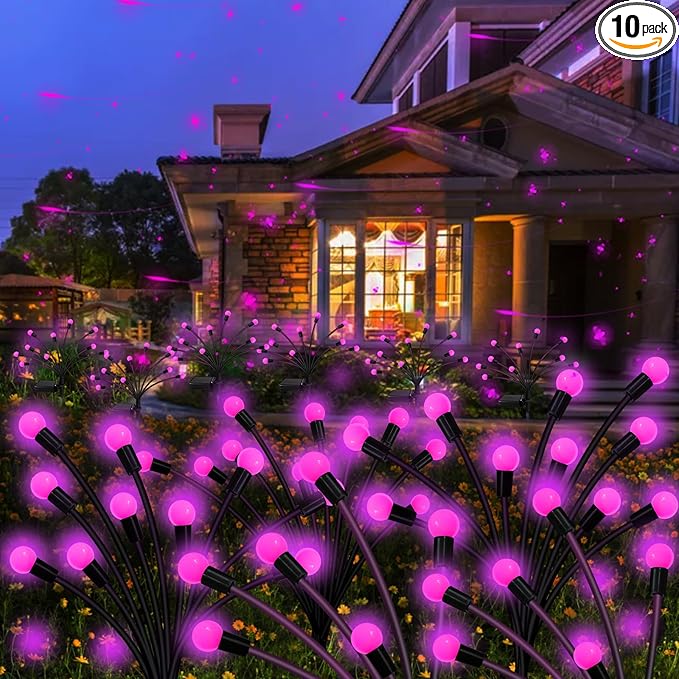 Kohlrabi Solar Garden Lights Outdoor, 10 Pack 80 LED Pink Firefly Lights Waterproof, Sway by Wind, Solar Wind Swaying Light for Yard Patio Backyard Garden Planter Flower Bed Pathway Decoration