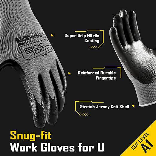 COOLJOB 10 Pairs Nitrile Dipped Safety Work Gloves with Grip, Non-slip Rubber Coated Bulk Garden Gloves for Men, Heavy-duty Oil Resistant for Truck Driver, Warehouse Box Handler, Small, Gray