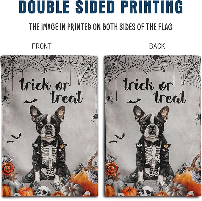 Halloween Boston Terrier Garden Flag Trick or Treat Yard Flag Ghost Dog Garden Flags for Outside 12x18 Double Sided Mini Skeleton Halloween Decor Outdoor Lawn Welcome Flag