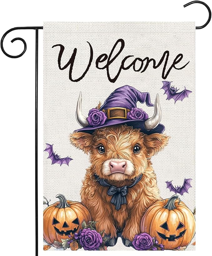 Halloween Highland Cow Garden Flags 12x18 Vertical Double Sided, Welcome Halloween Yard Flag for Outside, Holiday Seasonal Outdoor Decorations for Home