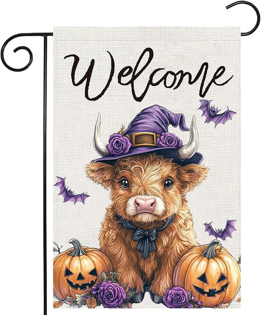 Halloween Highland Cow Garden Flags 12x18 Vertical Double Sided, Welcome Halloween Yard Flag for Outside, Holiday Seasonal Outdoor Decorations for Home
