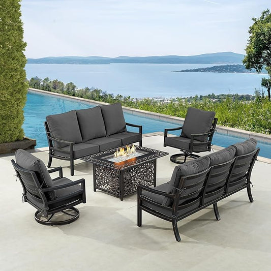 Oakland Living Black Aluminum Patio Fire Table Set with Two Deep Seating Sofa with Cushions and Two Club Chairs with Black Cushions