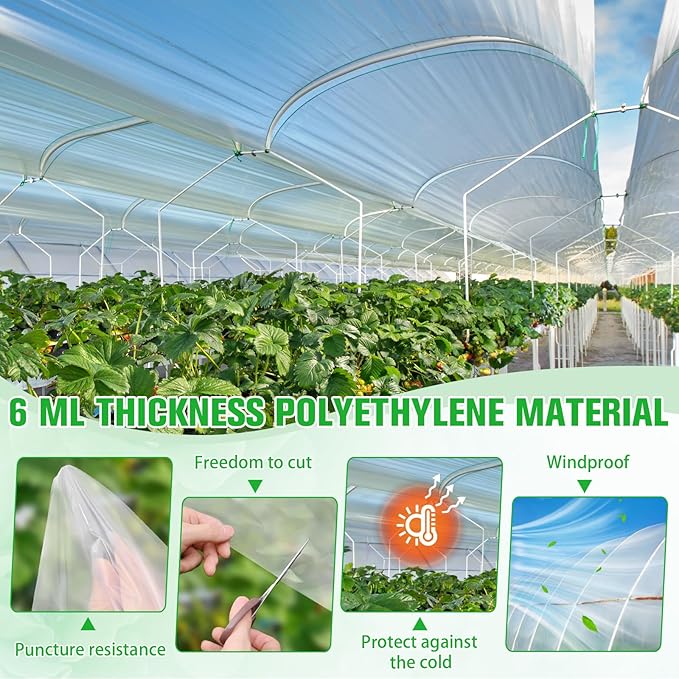 Greenhouse Plastic Film, 6 Mil Thickness Greenhouse Plastic Sheeting, Clear Polyethylene Film UV Resistant for Gardening, Farming, Agriculture (10 x 32 FT)