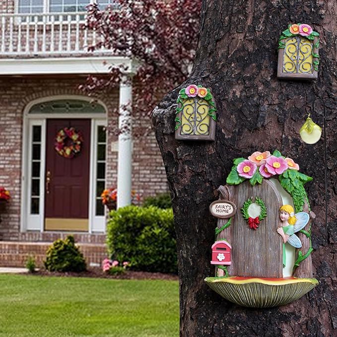 Fairy Door and Windows Garden Kit Accessories Outdoor, Glow in Dark Gnome House for Tree, Lawn Yard Art Sculpture, Miniature Garden Decor (Fairy)