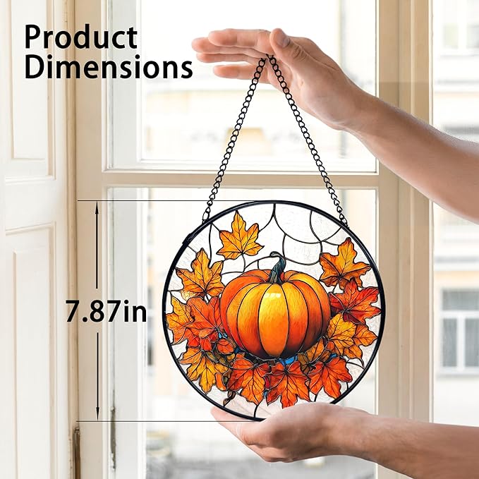 TNUW Fall Pumpkin Stained Glass Window Hanging, Farmhouse Autumn Pumpkin Maple Leaf Sun Catchers Indoor Window Glass Round Wall Art Decor, Rustic Fall Wall Hanging Decorations, 7.9＂x7.9＂