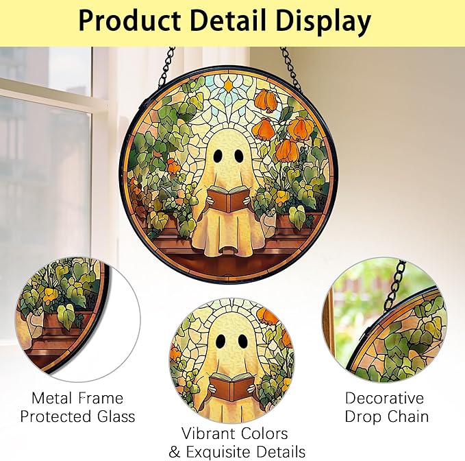 TNUW Halloween Ghost Reading Book Stained Glass Window Hanging, Ghost Bookish Flower Sun Catchers Indoor Window Glass Round Wall Art Decor, Book Lovers Gifts Wall Hanging Decorations, 7.9＂x7.9＂