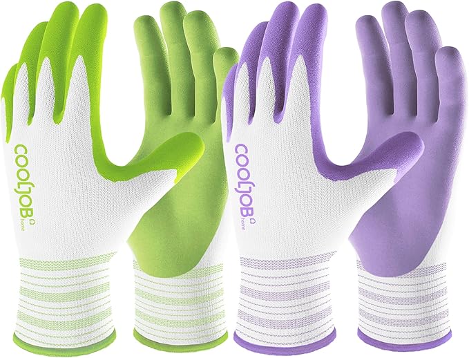 COOLJOB 10 Pairs Gardening Gloves for Women Ladies, Breathable Rubber Coated for Yard Garden, Outdoor Indoor Protective Work, Medium Size, Lavender Purple & Apple Green