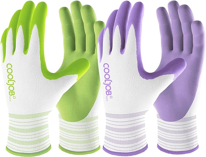 COOLJOB 6 Pairs Gardening Gloves for Women Ladies, Breathable Rubber Coated for Yard Garden, Outdoor Indoor Protective Work, Medium Size, Lavender Purple & Apple Green