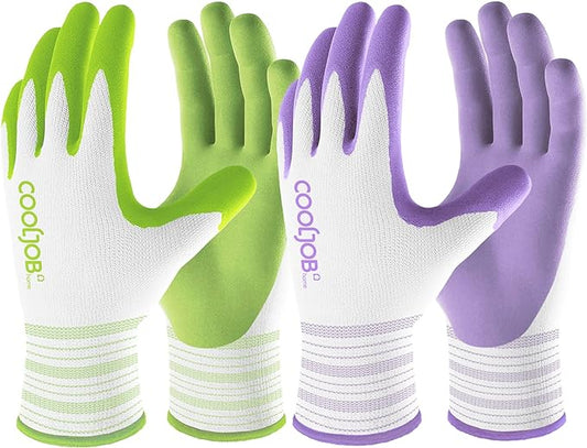 COOLJOB 6 Pairs Gardening Gloves for Women Ladies, Breathable Rubber Coated for Yard Garden, Outdoor Indoor Protective Work, Medium Size, Lavender Purple & Apple Green