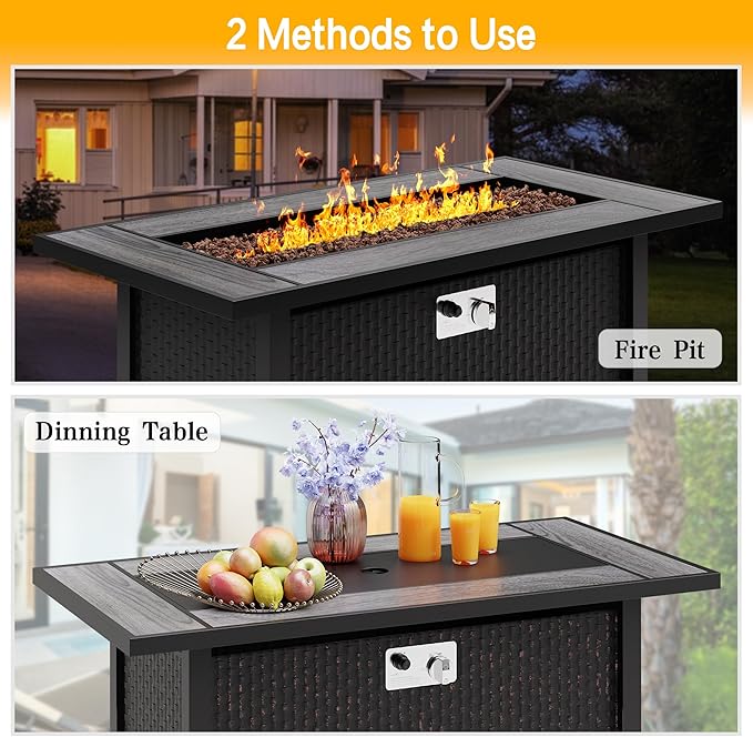 Meilocar 45in Fire Table, Propane Fire Pit with Red Lava Rocks and Rain Cover, Outdoor Firepit Table with Tile Top 50000 BTU 2-in-1 Fire Table for Patio/Yard/Balcony, Gray Tabletop