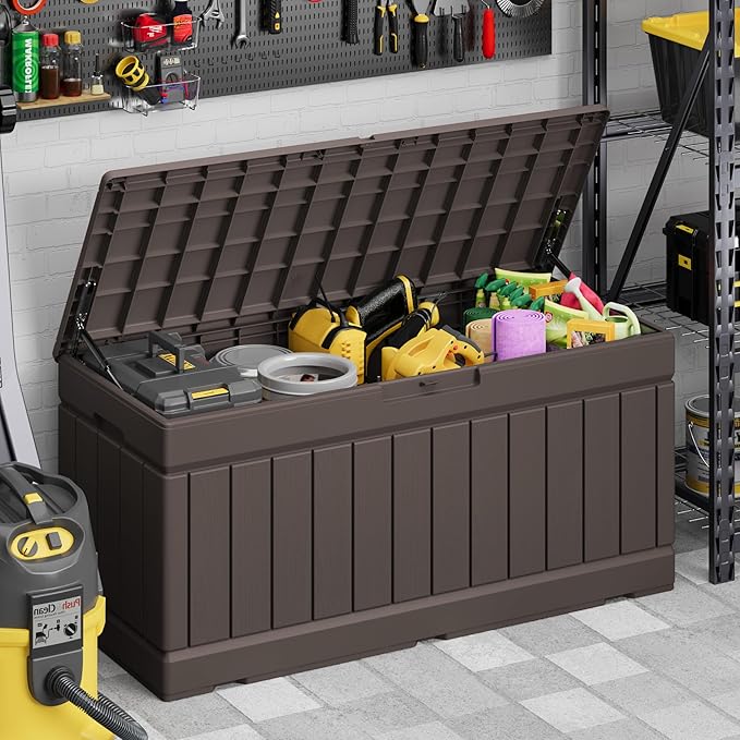 Devoko 78 Gallon Deck Box, Waterproof Resin Outdoor Storage Box for Outside and Patio, Outdoor Storage Bench Lockable for Patio Furniture, Garden Tools and Pool Supplies (Brown, 78 Gallon)