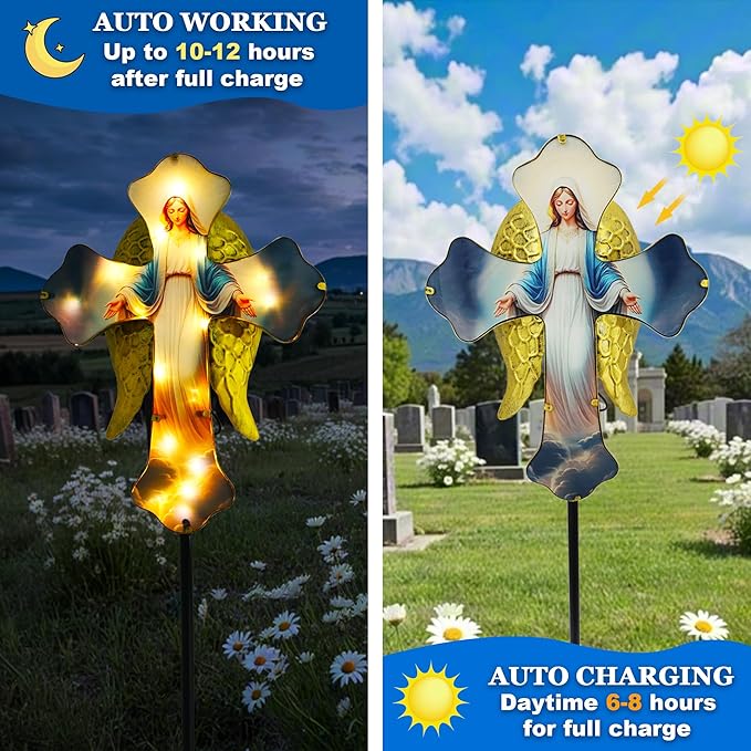 Solar Virgin Mary Cross Garden Lamp for Grave - Angel Wing Memorial Decoration, Waterproof Solar Stake Lamp for Easter, Courtyard, Yard - Sympathetic Gift for Loved Ones. Elegant Cross