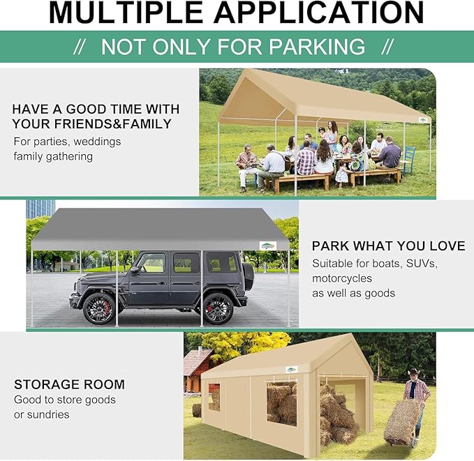 COBIZI Carport 12x20ft Heavy Duty Portable Garage, 2.0 Powder Coated Frame(Better Than Galvanized), Waterproof Shelter with Removable Sidewalls & Windows, Built-in Sandbags, for Car/Boat/SUV, Khaki