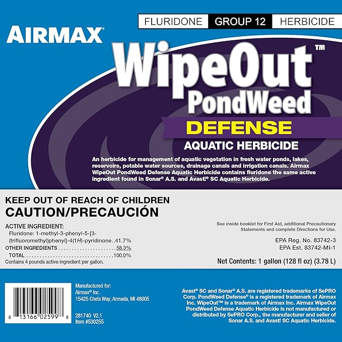 Airmax Wipeout Pond Weed Defense, Herbicide & Aquatic Weed Control, Controls Duckweed & Other Unwanted Submerged & Floating Vegetation, Easy-to-Use & Long Lasting, All-Season Treatment - 32 Ounce