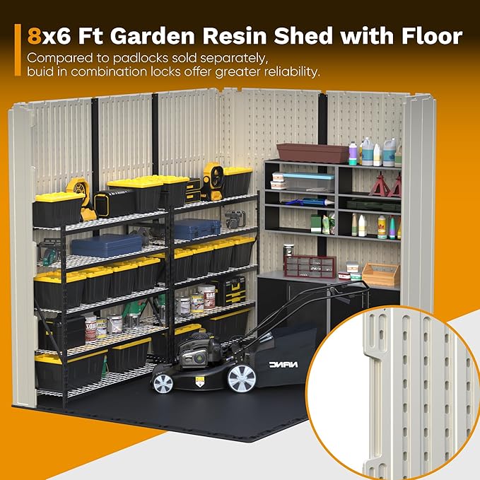 Devoko Plastic Outdoor Storage Shed with Floor, 8 x 6 FT Resin Tool Garden Shed with DIY Window and Lockable Door, Outside Kick-it Shed for Patio,Garden, Backyard, Lawn, Beige