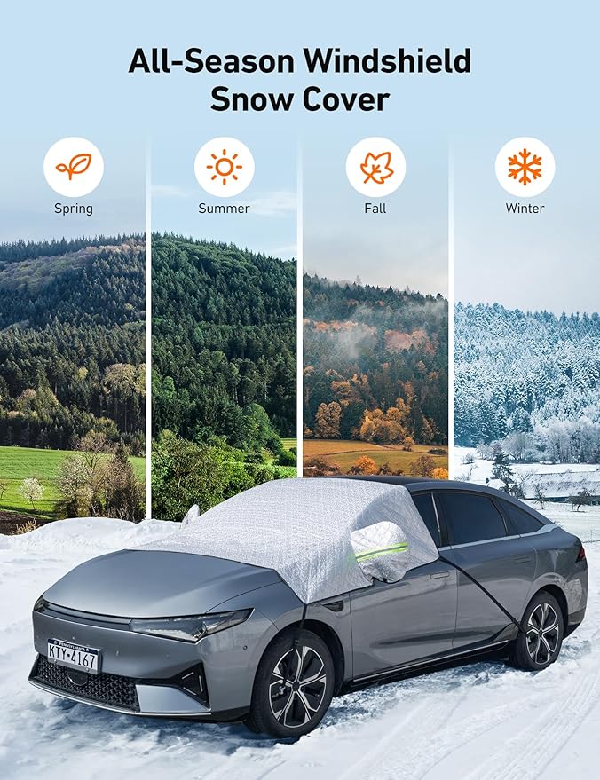 AstroAI 4-Layer Windshield Snow Cover for Ice, UV, Frost - Wiper & Mirror Protector, Windproof Sunshade for Cars, Compact SUVs